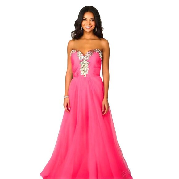 Strapless Barbie Pink Gown 4 Rhinestone Embellished Flowing Chiffon Skirt Prom - Picture 1 of 12